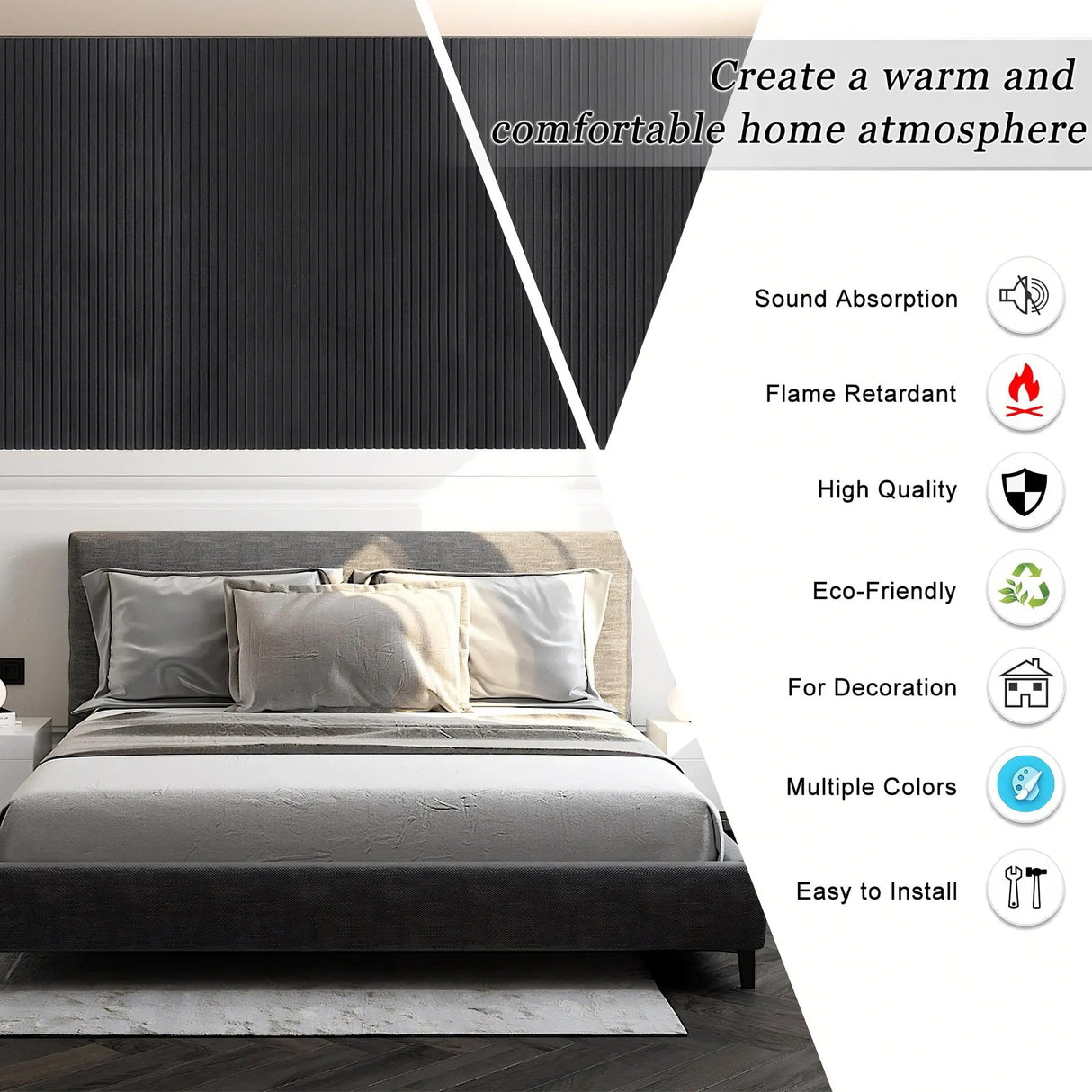 JVJVJ 5 Pack Acoustic Panels, 48" X 24" X 0.4" Decorative Sound Proof Felt Panels, Self-Adhesive Sound proof panels for walls, Creative Slotting Design. (Black) JVJVJ