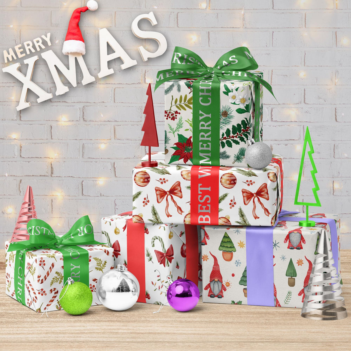 GIOLNIAY Candy Canes Christmas Wrapping Paper for Kids Adults - Holiday Gift Wrap Red Bows, Candy Canes & Ornaments - 4 Jumbo Sheets, 28" x 40" Each (31 sq. ft ttl), Easy to Store GIOLNIAY