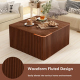 Fluted Square Coffee Table with Storage Large Wood Center Table with Solid Wood Veneer Top Mid Century Modern Low Coffee Table for Living Room, Rustic Brown HOKYHOKY