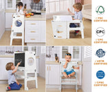 Foldable 4-in-1 Study Tower with Chalkboard for Learning, Montessori Kitchen Step Stool Toddlers Folding Stool for Kids 1-6years Ideal Helper (White) FANABAS