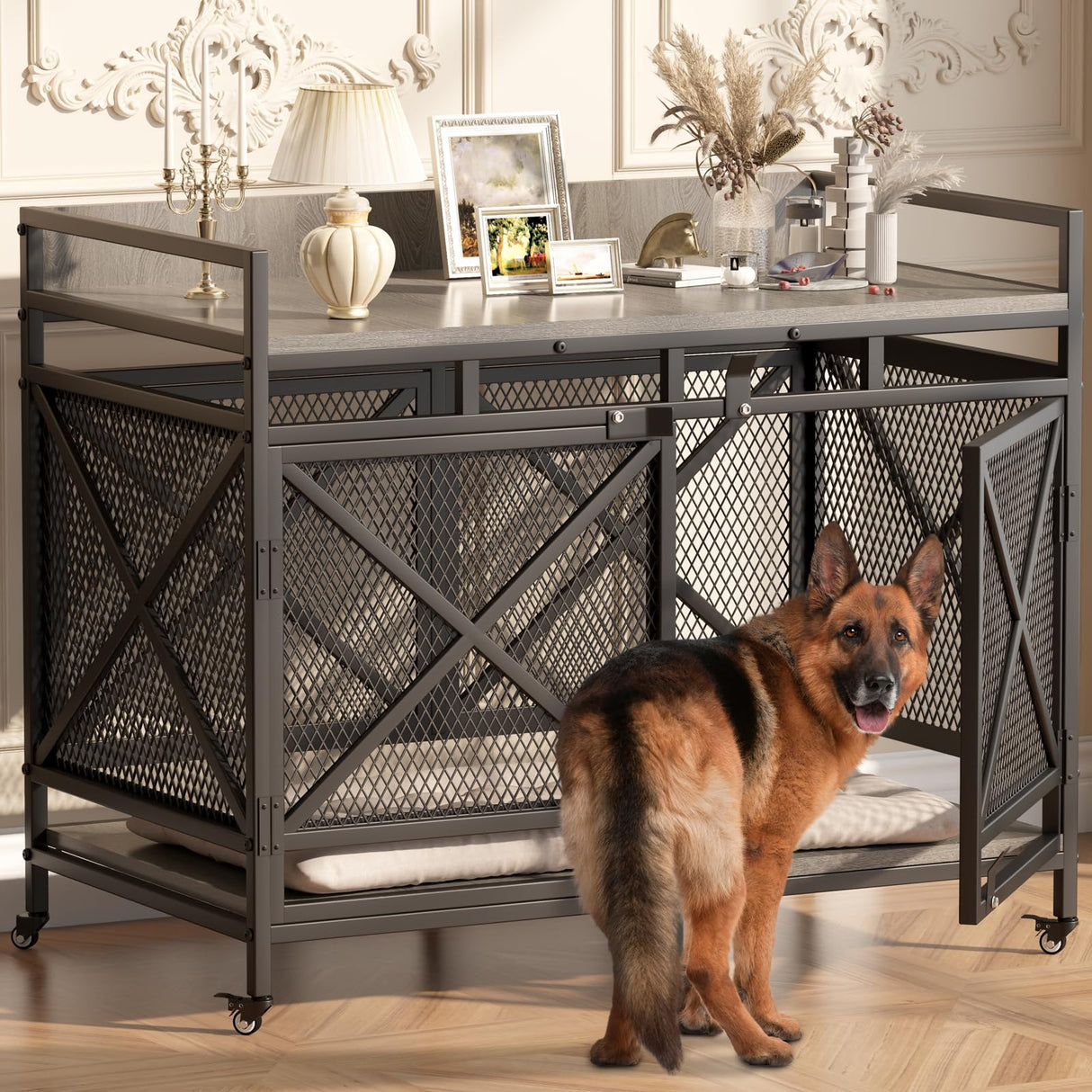 COZPAW Large Dog Crate Furniture, 48 Inch Wooden Dog Kennel for XLarge Dogs, Heavy Duty Dogs Furniture Indoor Wire Dog Cage with Caster Wheels,Decorative Pet House End Table, Textured Gray COZPAW