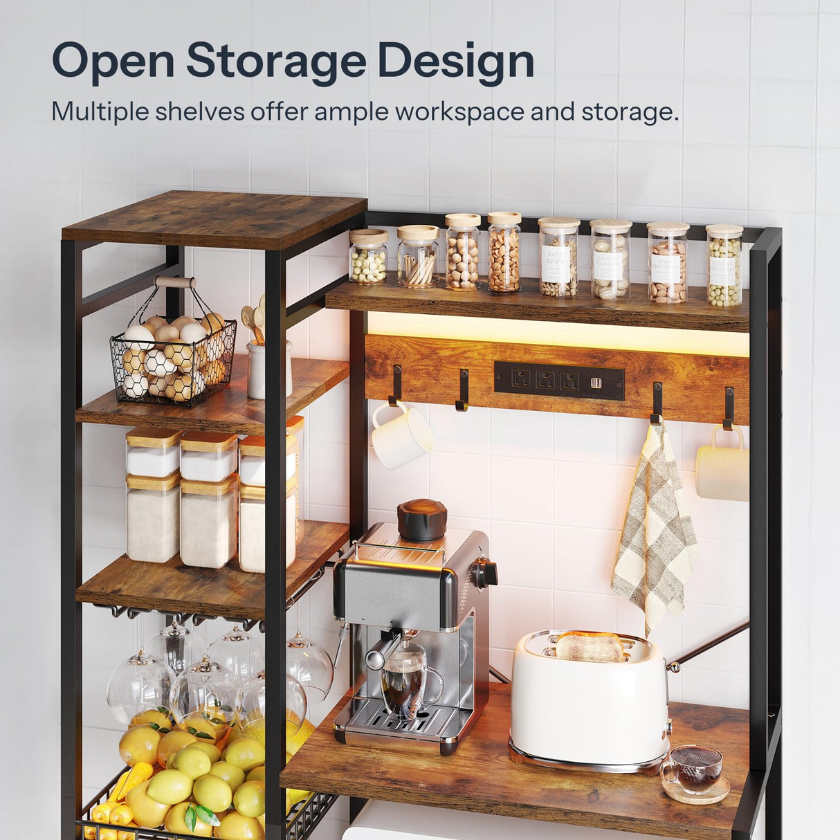 HOOBRO Bakers Rack with Power Outlet, 35.8 Inches Kitchen Microwave Oven Stand Storage Shelf with Goblet Holder, Coffee Bar with LED Lights, and Wire Basket, Rustic Brown and Black BF90UDHB01 HOOBRO