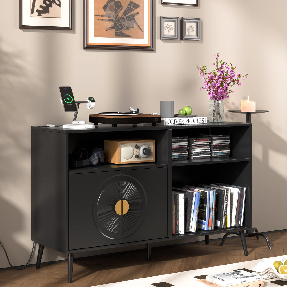 Fiogmub Large Record Player Stand, Mid Century Turntable Stand with Door, Record Player Table Holds Up to 350 Albums,Vinyl Display Shelf for Bedroom Living Room Fiogmub