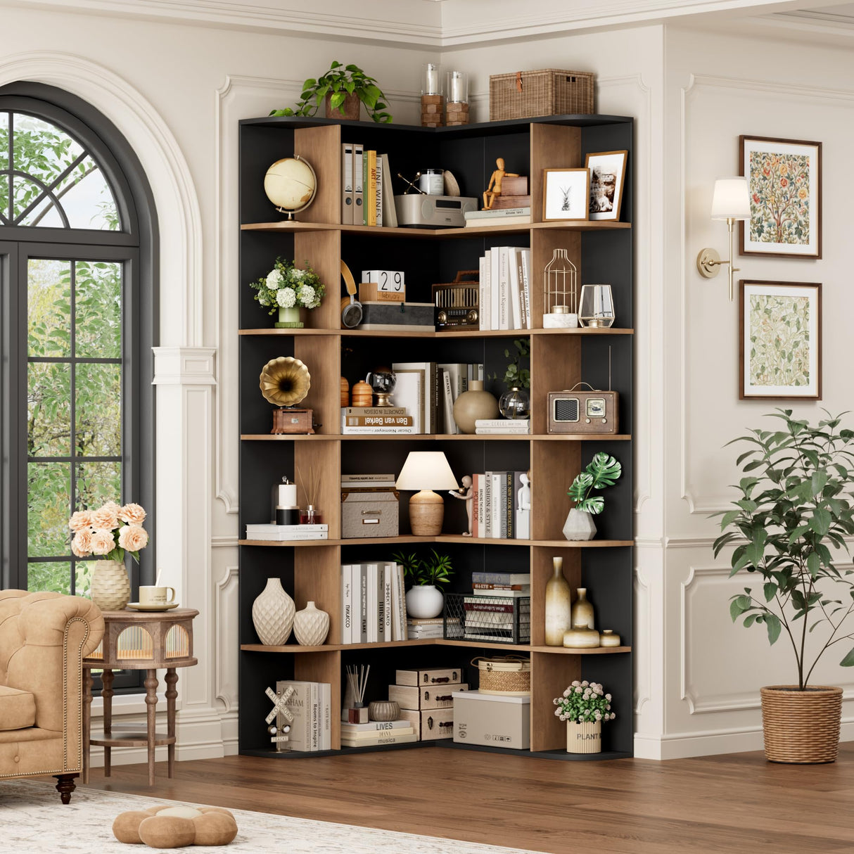 FOTOSOK 74” Tall Corner Bookshelf, 6-Tier Bookshelf and Bookcase with Open Storage, Tall Bookcases Wooden Storage Shelves for Home Office, Thickened Boards for Better Load Bearing, Black/Brown FOTOSOK