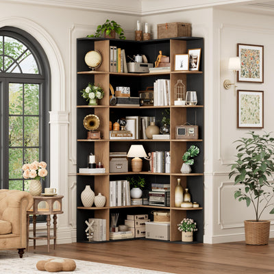FOTOSOK 74” Tall Corner Bookshelf, 6-Tier Bookshelf and Bookcase with Open Storage, Tall Bookcases Wooden Storage Shelves for Home Office, Thickened Boards for Better Load Bearing, Black/Brown