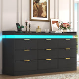 UNIQUITE 9 Drawer Dressers for Bedroom, Black Dresser with LED Light and Power Outlet, Modern Large Dresser & Chests of Drawers, Wood Triple Wide Dressers for Bedroom, Living Room, Entryway, Hallway UNIQUITE