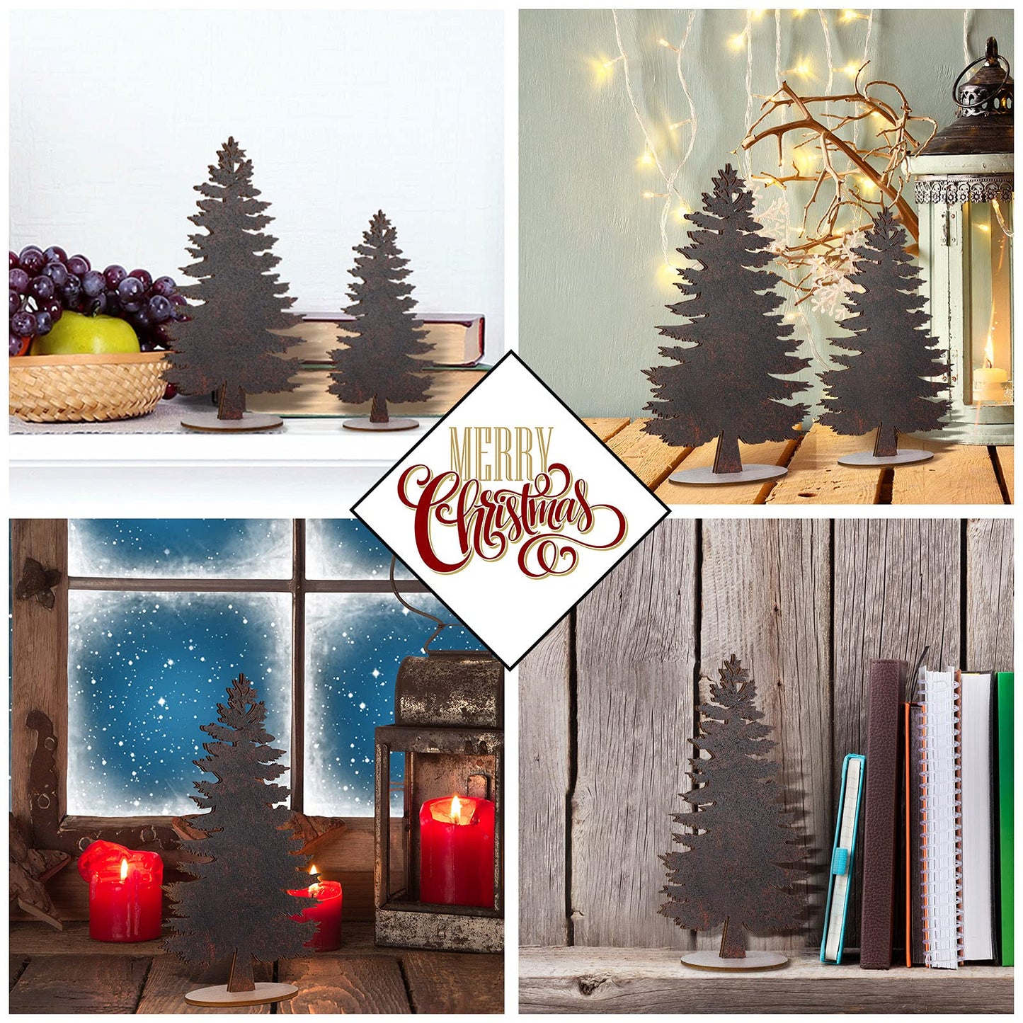 Blulu 3 Pieces Wood Table Christmas Tree Miniature Pine Trees Mini Christmas Tree Artificial Trees Wood Tabletop Decors Christmas Decorations with Wooden Base for Holiday Party(Burlywood)