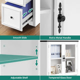 YITAHOME L Shaped Executive Desk with Hutch and Drawers, Farmhouse Home Office Desk with Power Outlet, Wood Corner Computer Desk with Sliding Door, Storage Cabinet with Glass Door, White & Black YITAHOME