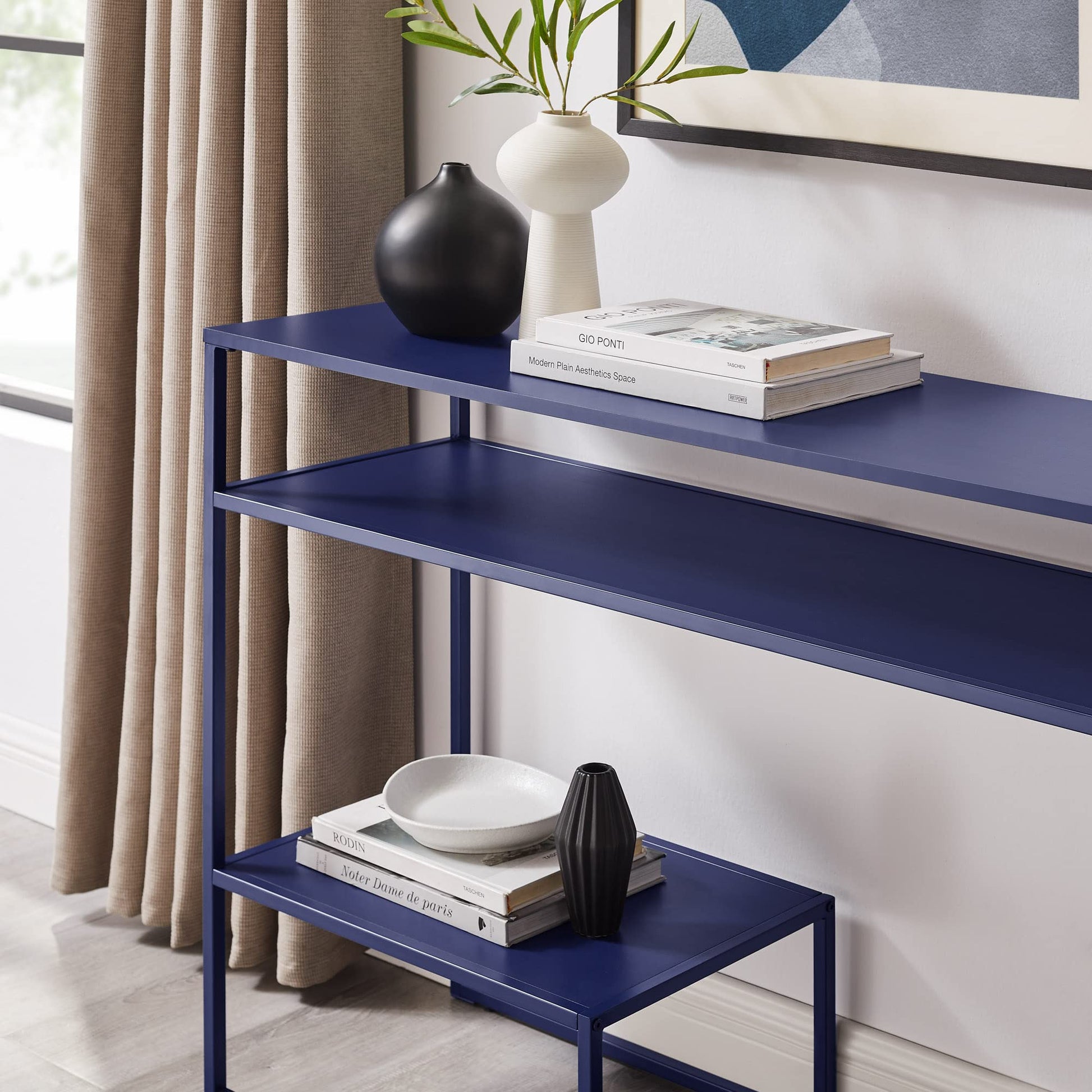 Walker Edison Modern Metal and Wood Tiered Entry Table, 42 Inch, Blue - WoodArtSupply