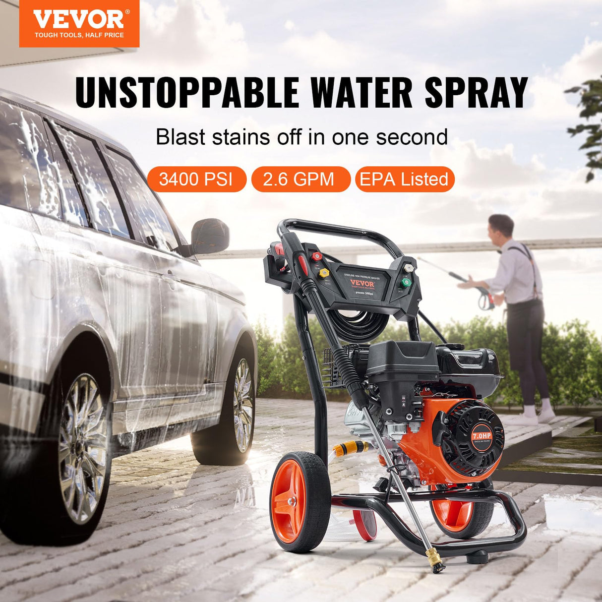VEVOR Gas Powered Pressure Washer 3400 PSI 2.6 GPM, with Spray Gun and Extension Wand, 5 Quick Connect Nozzles, Copper Pump VEVOR