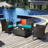 Goplus 4-Piece Rattan Patio Set, Outdoor/Indoor Wicker Conversation Set for Pool, Backyard, Lawn, Wicker Chairs and Sofa with Soft Cushion, Rattan Furniture with Tempered Glass Coffee Table Goplus