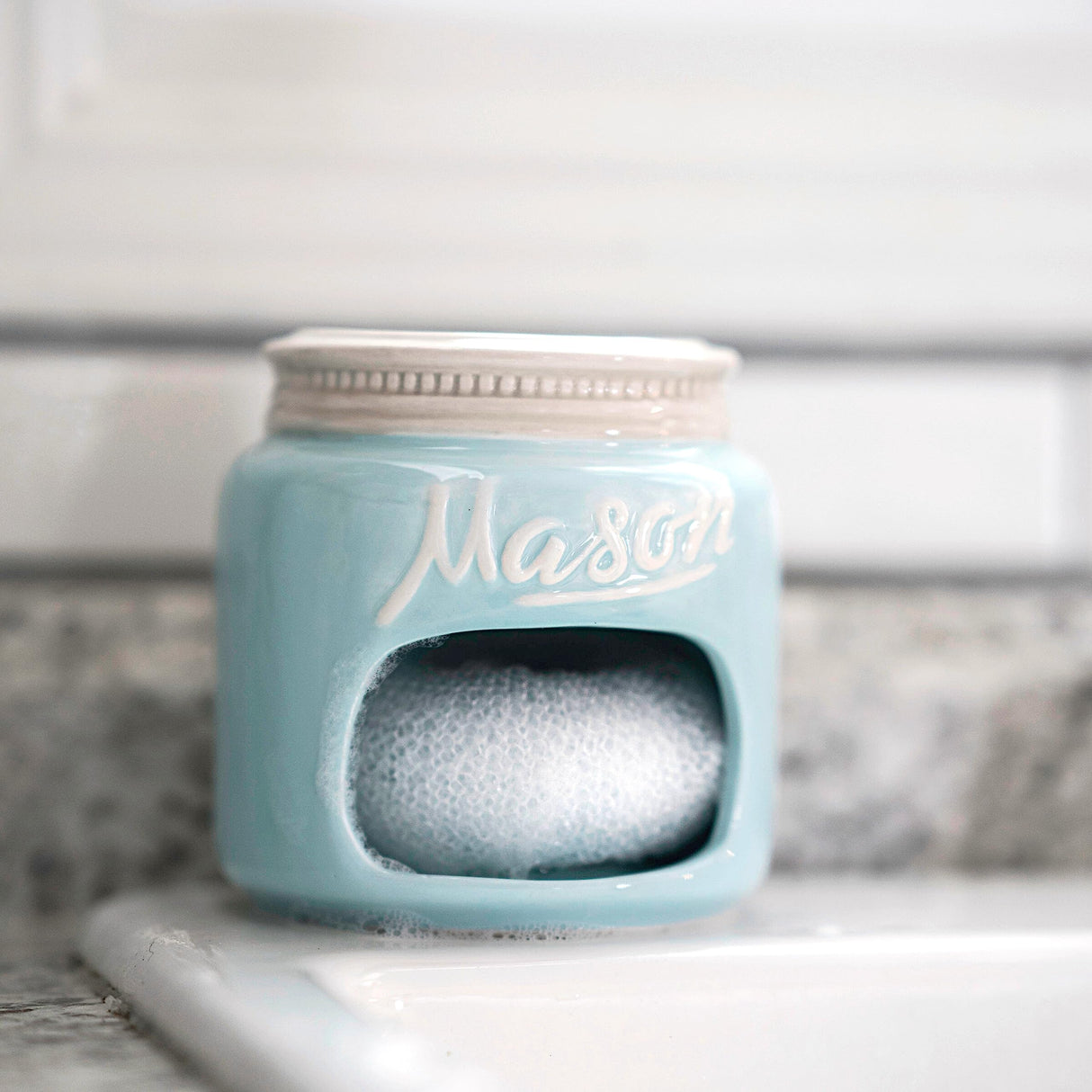 Farmhouse Canisters Sets for the Kitchen - Mason Jar Ceramic Kitchen Utensil Holder, Spoon Rest, Cute Cookie Jar, Salt & Pepper Shaker Sets, Sponge Holder, Measuring Cups & Spoons (Blue, 17-Pc Bundle) Goodscious
