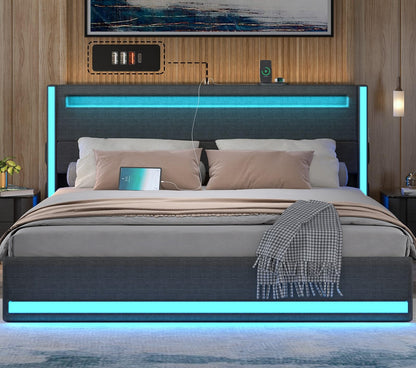 Dnxao King Size LED Upholstered Bed Frame with Charging Station and Noise-Free Design - WoodArtSupply