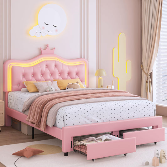 Keyluv Pink LED Upholstered Crown Bed Frame with Storage Drawer and Adjustable Headboard - WoodArtSupply