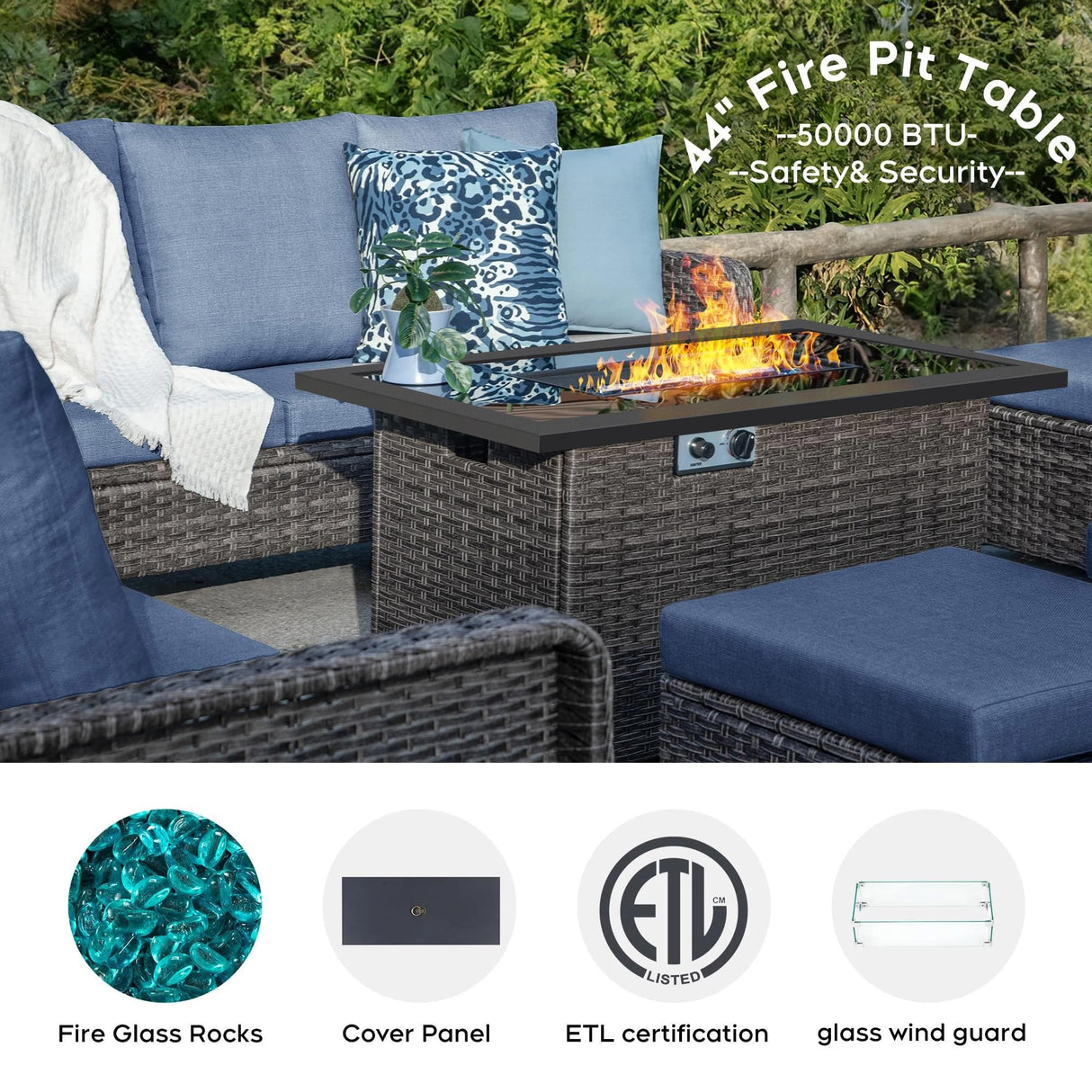 Brafab Outdoor Patio Furniture Set with 44" Gas Fire Pit Table - PE Wicker Patio Conversation Sets Cushioned Seat Couch - 9 Seats Outdoor Sectional Chair Sofa Set for Yard Garden Porch, Blue Brafab