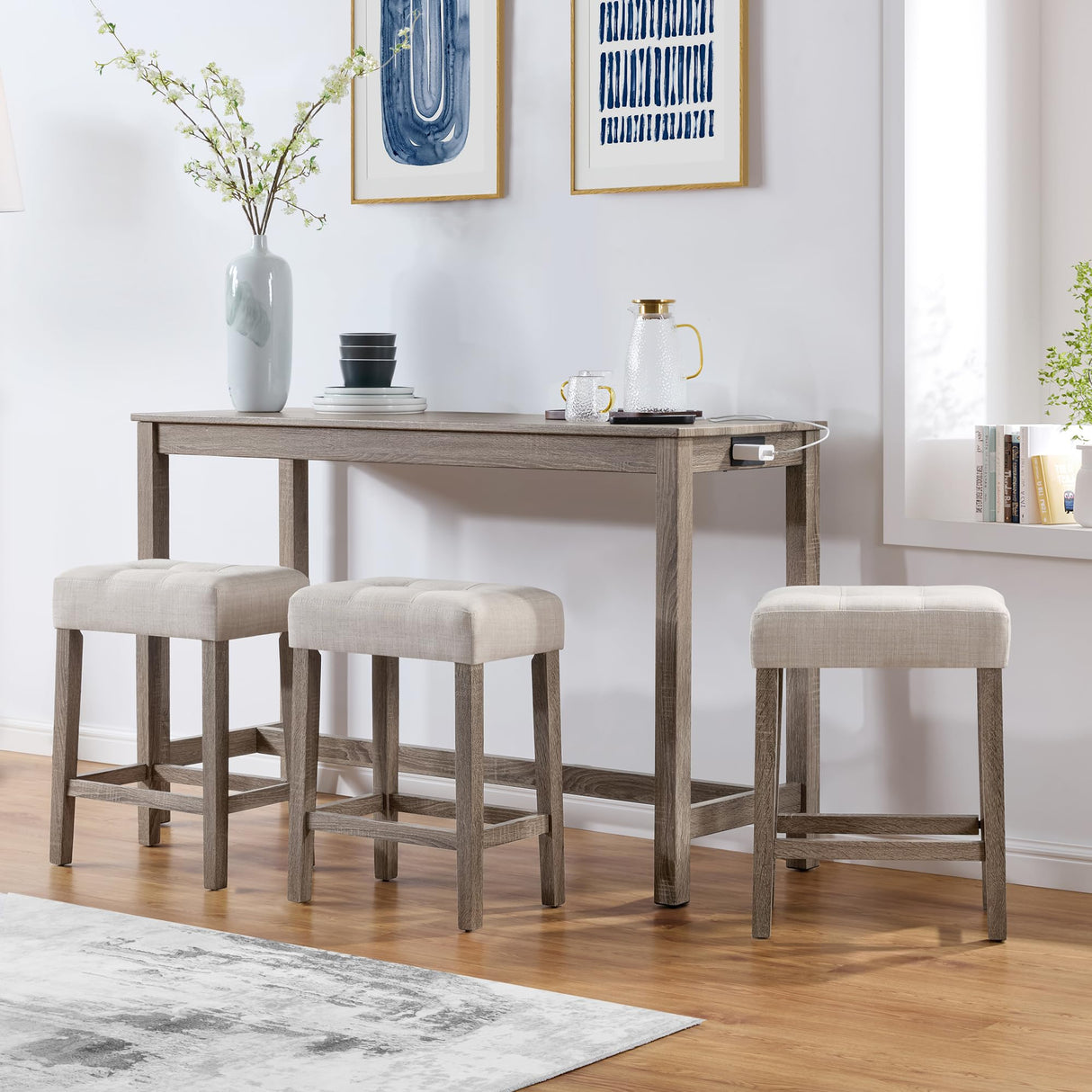 DUHOME 4 Piece Bar Table Set with Power Outlet,Industrial Breakfast Table with 3 Padded Stools Solid Wood Counter Height Dining Table Set for Living Room, Dining Room Cream+Brown DUHOME