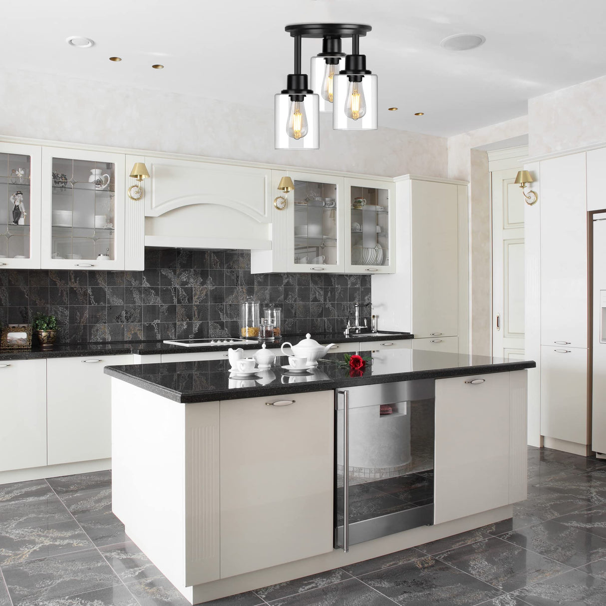 ROTTOGOON Semi Flush Mount Ceiling Light, 3-Light Close to Ceiling Light Fixtures, Matte Black Kitchen Light Fixtures with Clear Glass Shades, Hallway Light Fixtures Ceiling Mount for Foyer Entryway ROTTOGOON