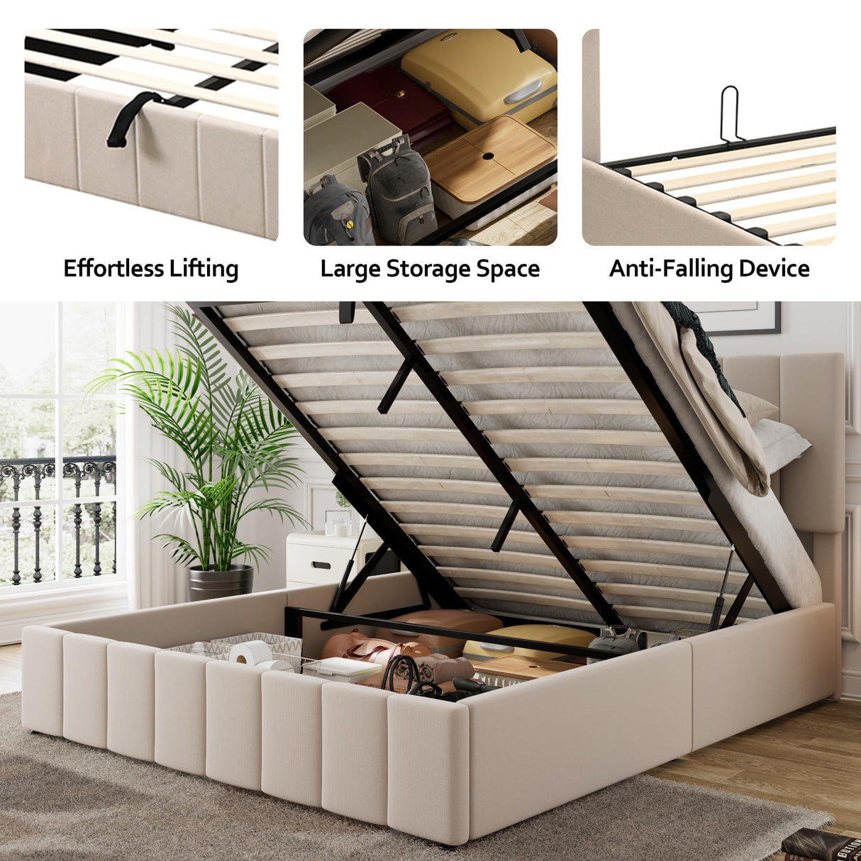 Merax Gas Lift Up Storage Platform Bed, Upholstered Bed Frame with Hydraulic Storage System and Wooden Slat Support, Queen Size, Beige Merax