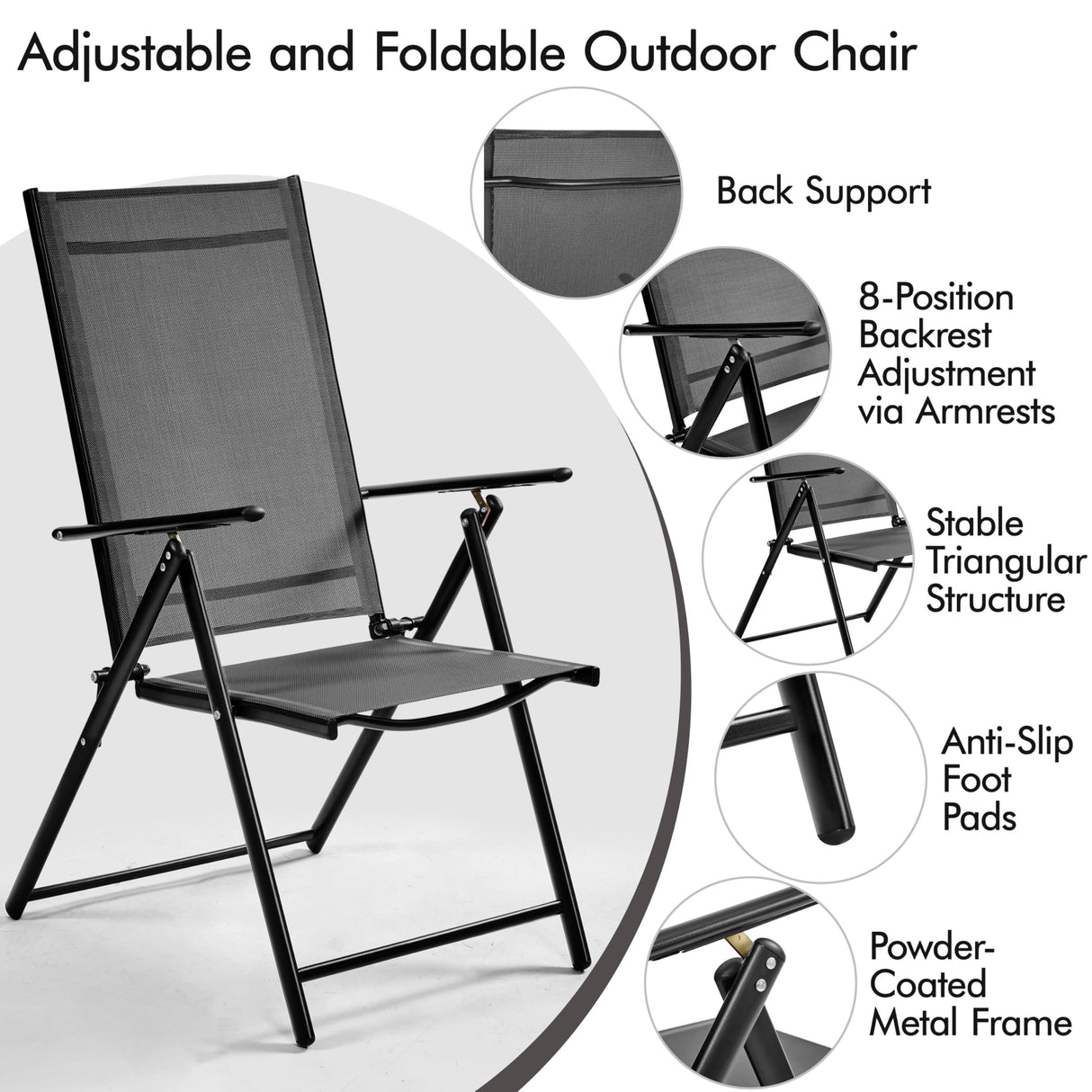 Yaheetech Patio Folding Dining Chairs Set of 2, Stackable Outdoor Lawn Chairs with 8 Adjustable Back Positions and Armrest for Garden, Lawn, Yard and Beach, Dark Gray Yaheetech