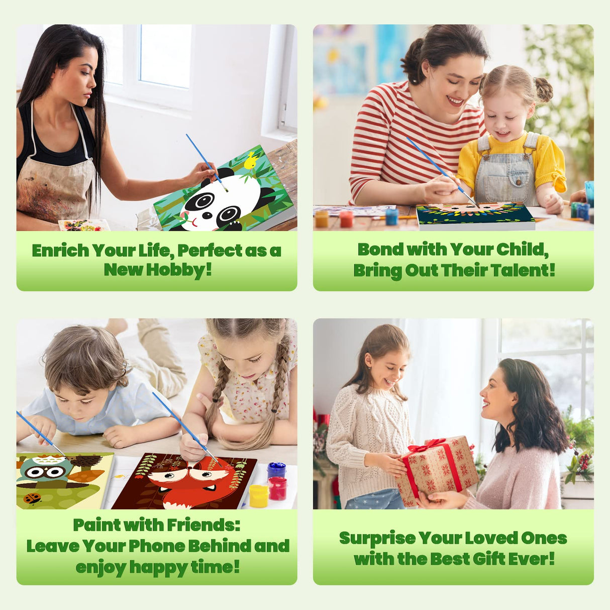 Bowetile 4 Pack Framed Paint by Numbers for Kids Beginners, Easy Cartoon Paint by Numbers for Kids Ages 8-12 on Canvas, DIY Oil Acrylic Number Painting Art Crafts for Home Wall Decor, 8x8in Bowetile