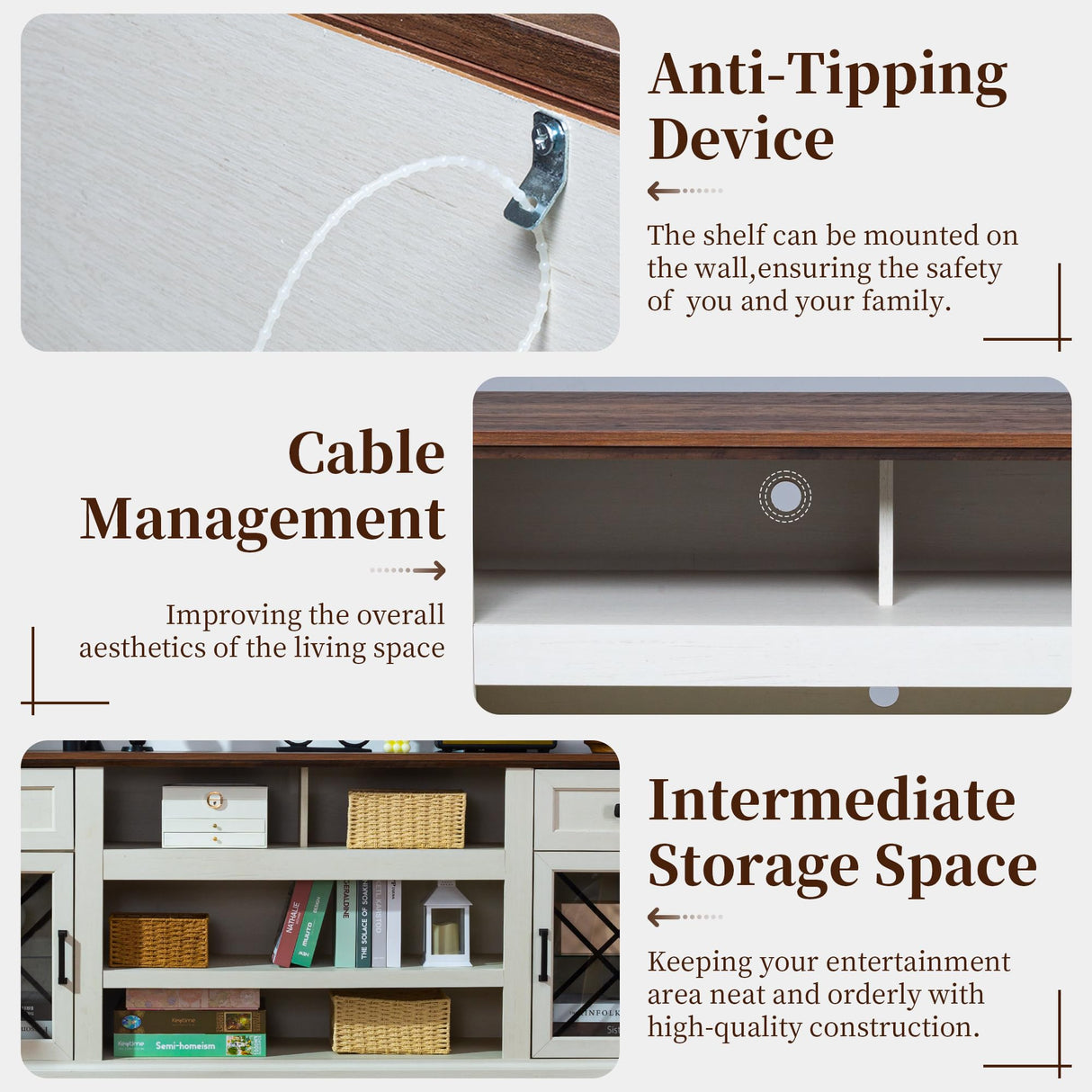 ENOUSHU 70 inch Farmhouse TV Stand Table for 75 80 inch TV, Modern Entertainment Center with LED Lights and Glass Doors, Wooden White tv Stands for Living Room ENOUSHU