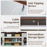 ENOUSHU 70 inch Farmhouse TV Stand Table for 75 80 inch TV, Modern Entertainment Center with LED Lights and Glass Doors, Wooden White tv Stands for Living Room ENOUSHU