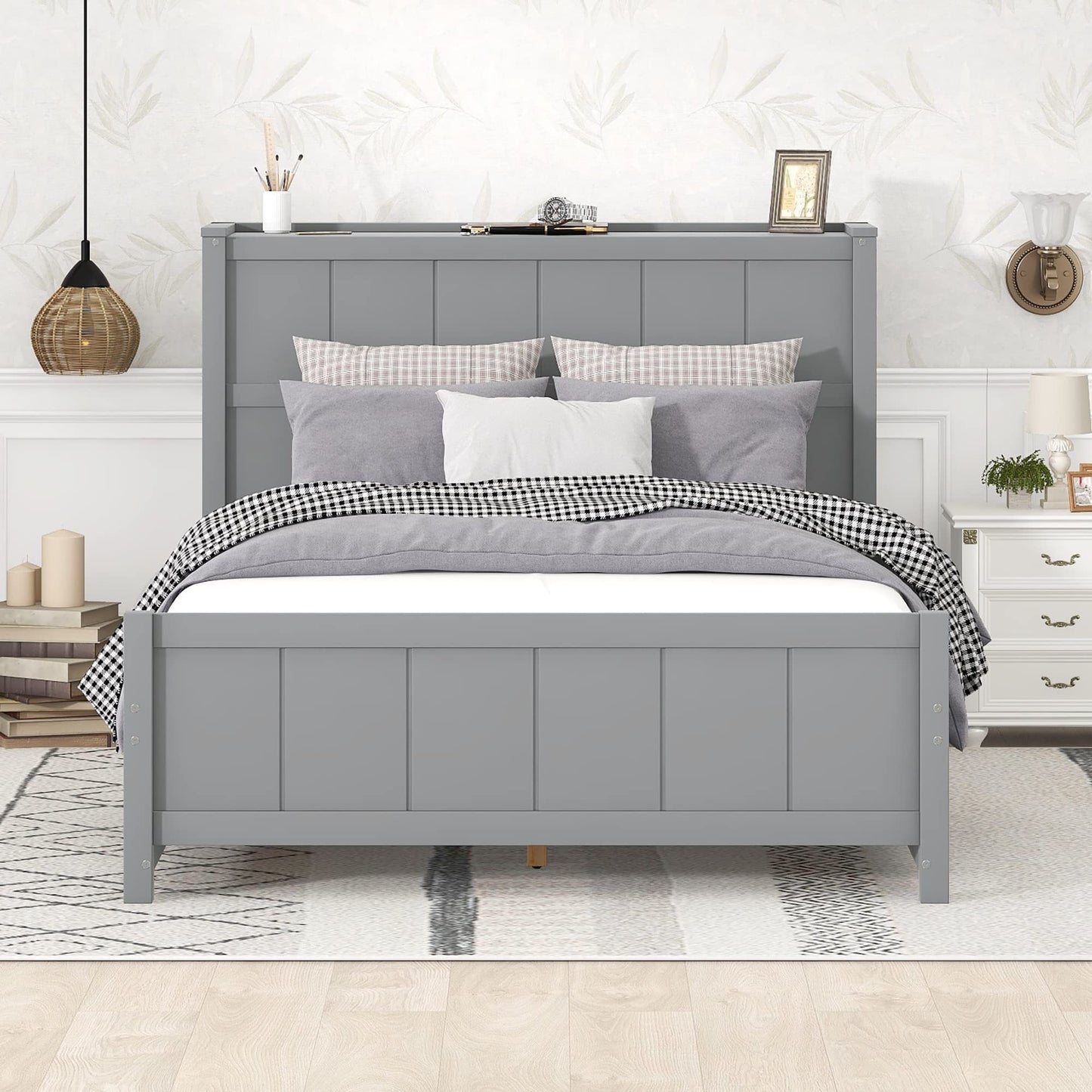 Harper & Bright Designs Full Size Bed with Bookcase Headboard and 4 Storage Drawers, Solid Wood Platform Bed Frame with Slat, No Box Spring Needed,