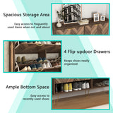 Vibe & Dine 4 Flip Drawer Shoe Cabinet, Mid Century Modern Shoe Organizer with Bottom Cubby, Hidden Shoe Cabinet with 2 Hooks, Freestanding Narrow Slim Shoe Rack Cabinet for Entryway, Foyer, Hallway Vibe & Dine