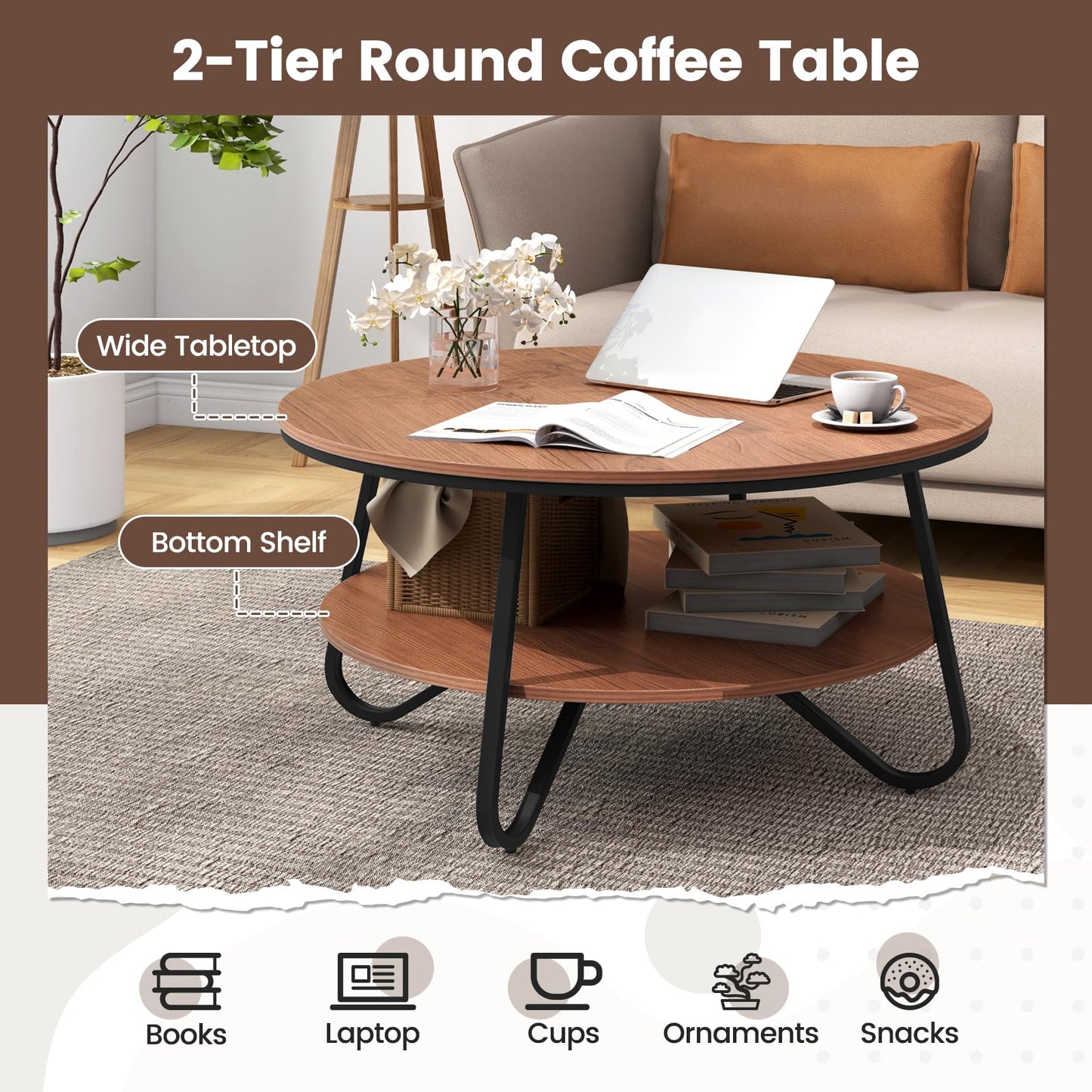 Giantex 2-Tier Round Coffee Table, 33.5" Wood Coffee Table with Open Storage Shelf & Heavy-Duty Steel Frame, Rustic Circle Coffee Table, Mid-Century Center Table for Living Room, Office, Waln - WoodArtSupply