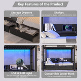 Full over Full Bunk Bed with Storage Shelves and Drawers, Metal Bunk Beds with Lights and USB Ports, Lower Bunkbed Can be Converted, for Guest Room, Bedroom, Dorms, Muti-function and Noise-Free, Black Bellemave