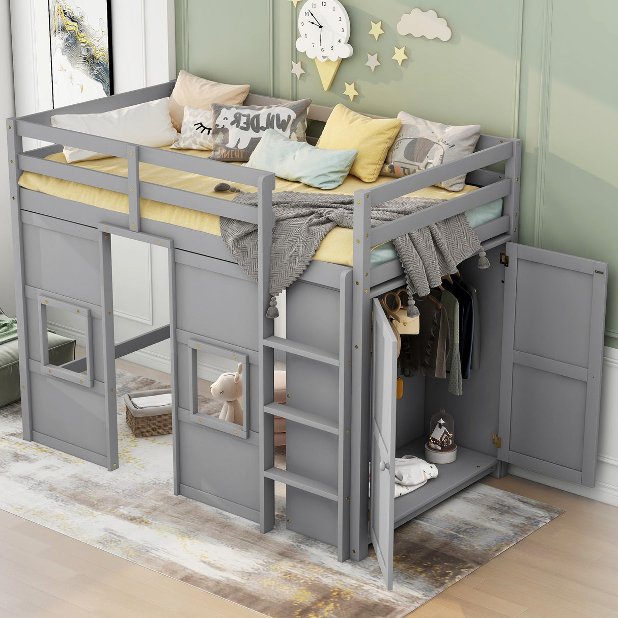 Merax Wood Loft Bed Twin Size with Storage Wardrobe, 2 Windows Design, for Teens, Boys & Girls, Grey Merax