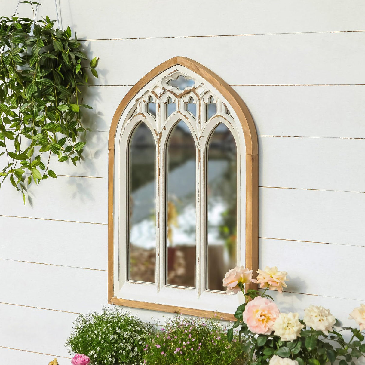 Synovana Arch Window Wall Mirror - Farmhouse Cathedral Wall Decor with Wooden Frame for Entryway Hallway Living Room - 16.14" x 1.38" x 25.2" Synovana