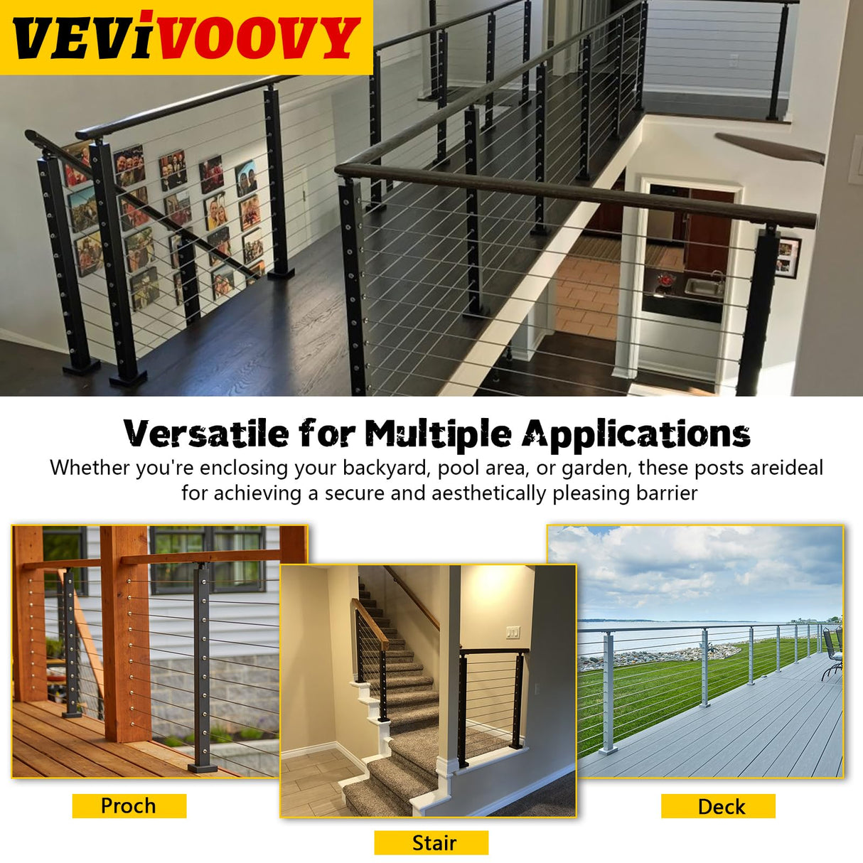 VEVIVOOVY Stainless Steel Cable Railing Post 36"(Post 34"x2"x2"),Level Drilled Railing Post with Adjustable Top Mount Cable Handrail Post,DIY Black Railing Post for Decks,Porchs,Balconies -6Pack VEVIVOOVY