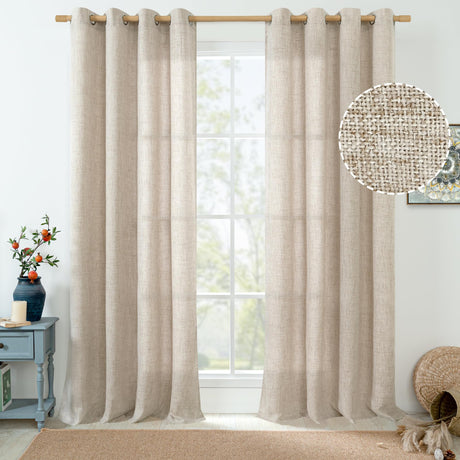 QUEMAS Linen Curtains for Living Room 84 Inch Length 2 Panels Set, Semi Sheer Long Curtains Burlap Textured Light Filtering Floor Window Drapes for Farmhouse Decor, Each Panel 52 Inch Wide, Natural QUEMAS