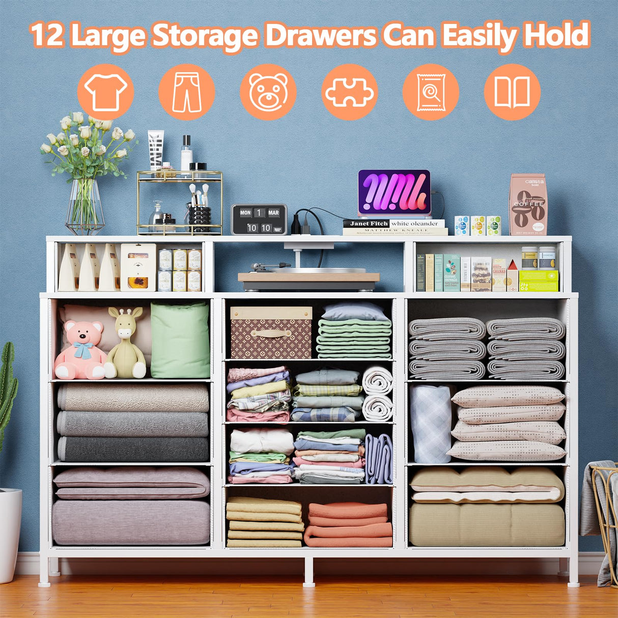 Furnulem White Dresser for Bedroom with LED Lights & Charging Station,55" Long Dressers & Chest of Drawers with 12 Storage Bins, Fabric Furniture for Closet,Hallway,2-Tier Shelf Wood Top,Metal Frame Furnulem