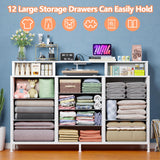 Furnulem White Dresser for Bedroom with LED Lights & Charging Station,55" Long Dressers & Chest of Drawers with 12 Storage Bins, Fabric Furniture for Closet,Hallway,2-Tier Shelf Wood Top,Metal Frame Furnulem