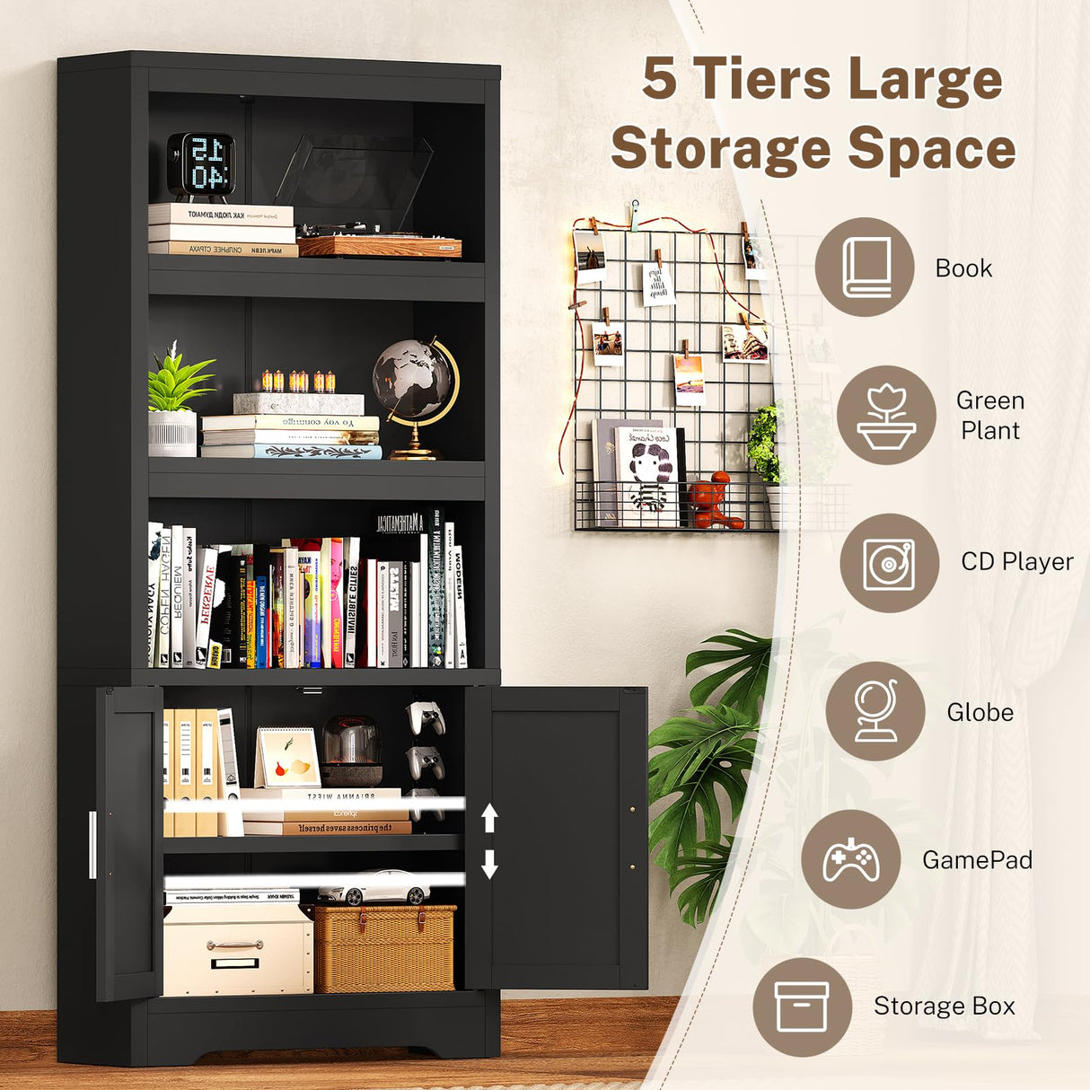 Book Shelf and Bookcase with Doors, 5-Tier Display Storage Cabinet with Adjustable Shelves, Open Compartments, Remote Control LED Lights, Tall cabinet for Bathroom Kitchen Living Room, Home Office TEENFON