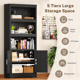 Book Shelf and Bookcase with Doors, 5-Tier Display Storage Cabinet with Adjustable Shelves, Open Compartments, Remote Control LED Lights, Tall cabinet for Bathroom Kitchen Living Room, Home Office TEENFON