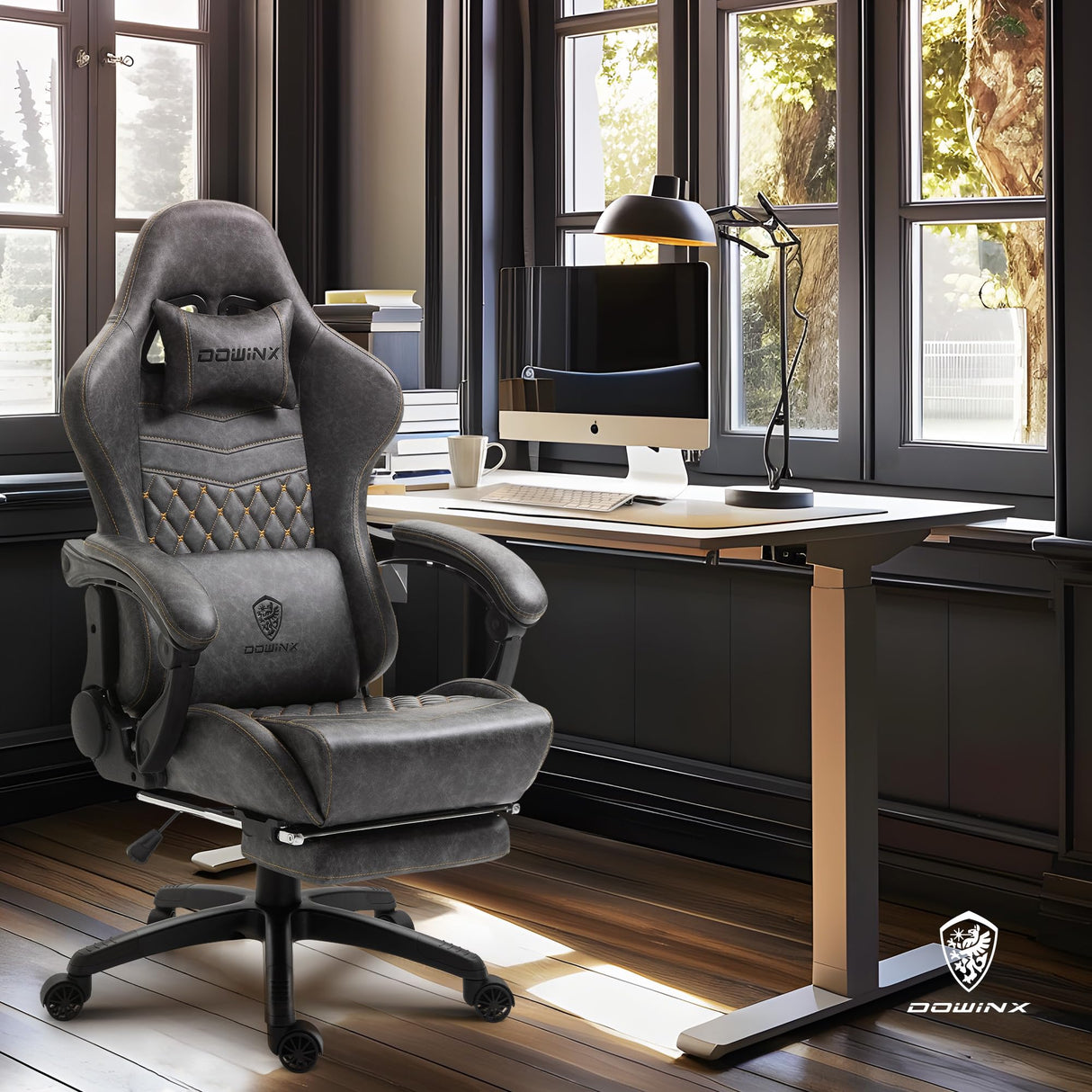 Dowinx Gaming Office, PC with Massage Lumbar Support, Vintage Style PU Leather High Back Adjustable Swivel Task Chair with Footrest (Light Grey) Dowinx