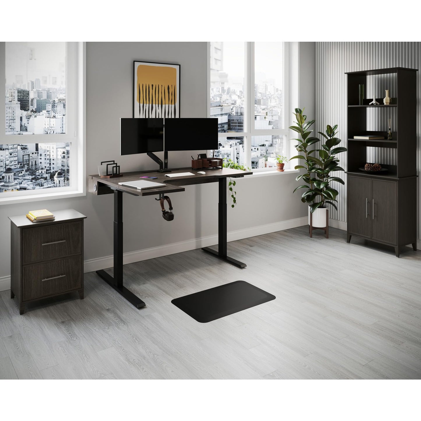 Realspace® Koru Electric 59" W L-Shaped Height-Adjustable Standing Desk with Integrated Power & Charging, Espresso Oak - WoodArtSupply