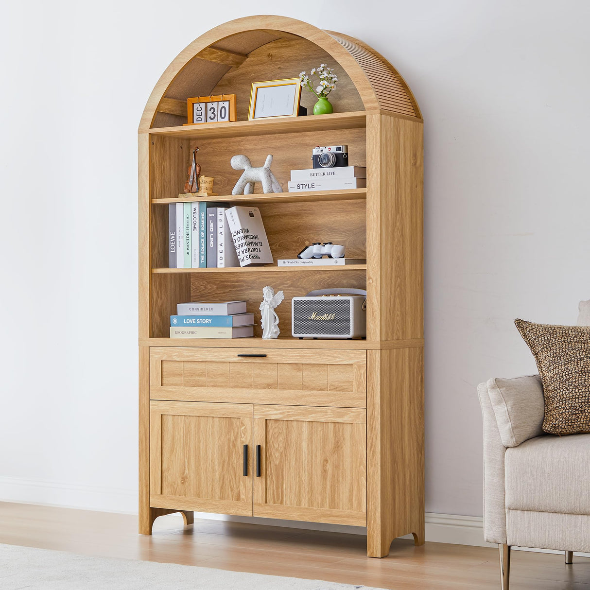 Turtle&Myrtle 73" H Large Arched Bookshelf，5-Tier Arch Bookcase with Doors，Mid Century Modern Book Shelf with Drawers，Wood Bookshelf w/Open Display Shelves for Living Room, Office (Natural) Turtle&Myrtle