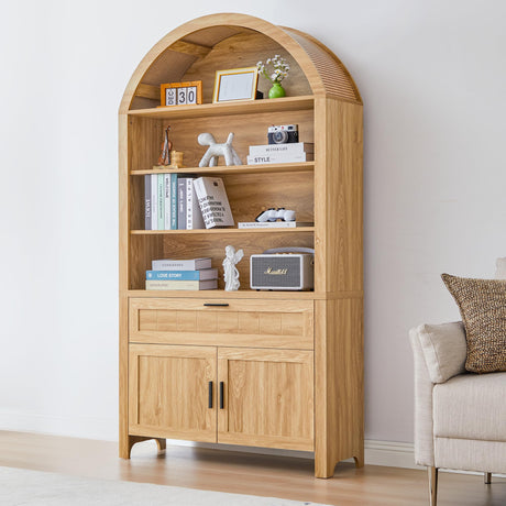 Turtle&Myrtle 73" H Large Arched Bookshelf，5-Tier Arch Bookcase with Doors，Mid Century Modern Book Shelf with Drawers，Wood Bookshelf w/Open Display Shelves for Living Room, Office (Natural) Turtle&Myrtle