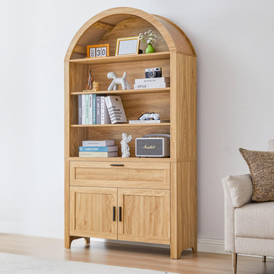 Turtle&Myrtle 73" H Large Arched Bookshelf，5-Tier Arch Bookcase with Doors，Mid Century Modern Book Shelf with Drawers，Wood Bookshelf w/Open Display Shelves for Living Room, Office (Natural)