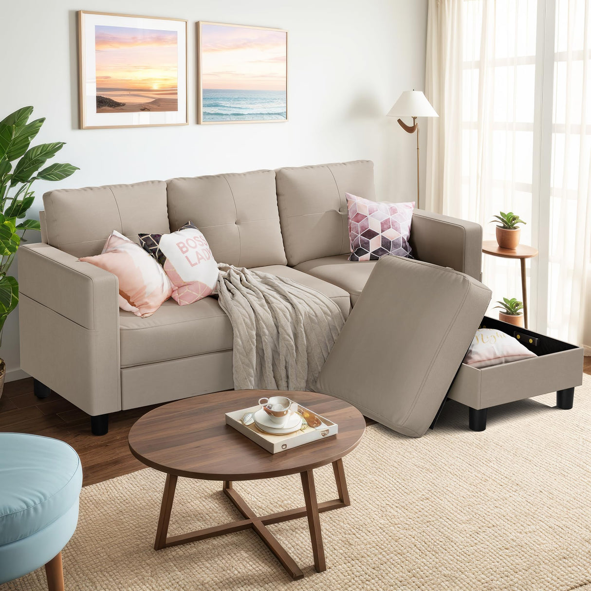 Shintenchi Convertible Sectional Sofa Couch, Modern Linen Fabric L-Shaped Couch 3-Seat Sofa Sectional with Reversible Chaise for Small Living Room, Apartment and Small Space (Light Brown) Shintenchi