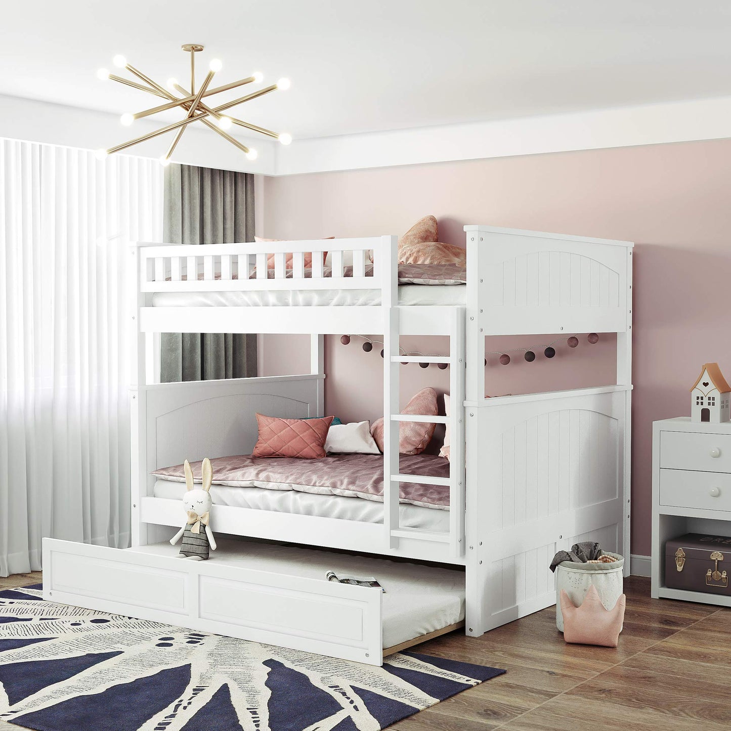 SOFTSEA Wooden Bunk Bed Full Over Full with Trundle for 3, Divided Into Two Separate Full Beds, White