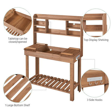 Topeakmart Potting Bench Germination Table - Wood Garden Work Bench Flatform w/Display Rack/Practical Storage Prganizer for Backyard, Patio and Balcony, Brown Topeakmart