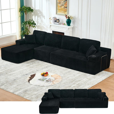 133" Cloud Sectional Couch with L-Shape Chaise,Modern Minimalist Upholstered Couches with Deep Seat,Corduroy Boneless Couches for Living Room Bedroom,No Assembly Required (Black,Left Facing Chaise)