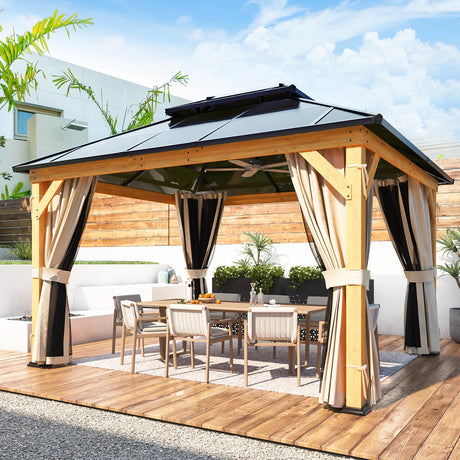 YOLENY 11'x 13' Hardtop Gazebo, Wood Outdoor Gazebo, Polycarbonate Double Roof, Netting and Curtains, Patio Gazebo for Decks, Backyards, Lawns and Gardens YOLENY