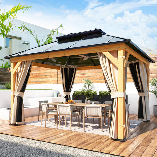 YOLENY 11'x 13' Hardtop Gazebo, Wood Outdoor Gazebo, Polycarbonate Double Roof, Netting and Curtains, Patio Gazebo for Decks, Backyards, Lawns and Gardens - WoodArtSupply