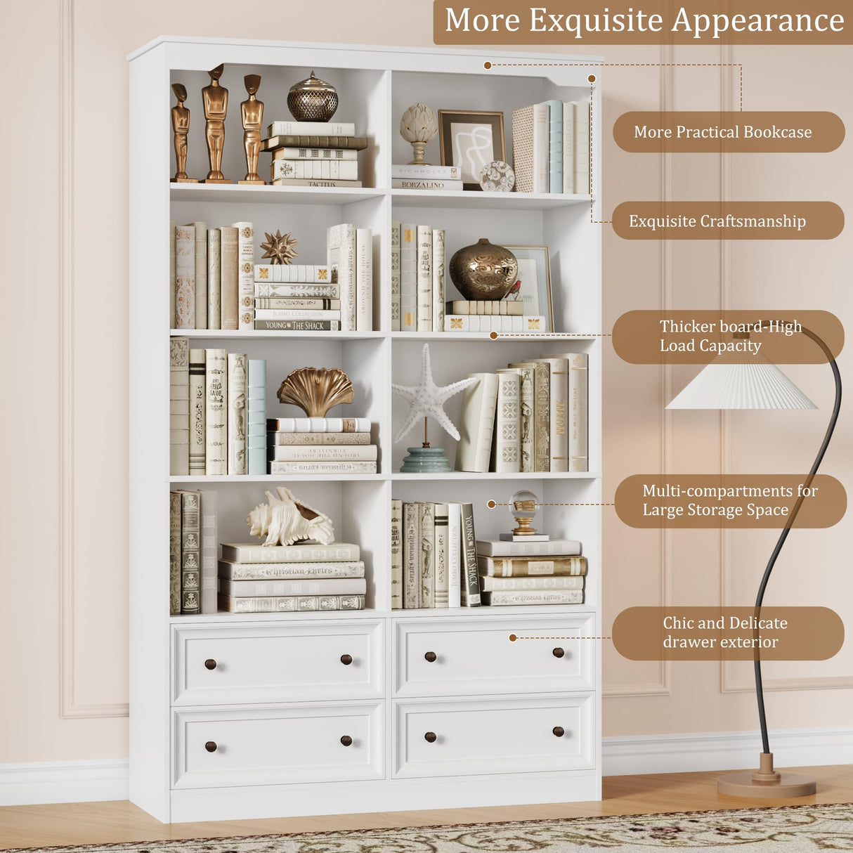 FINETONES 71" Tall Bookshelf with 4 Drawers, 6-Tier Double Wide Bookshelf and Bookcase with Storage, White Bookshelf Large Open Bookshelf Standing Book Cabinet for Home Office, White FINETONES